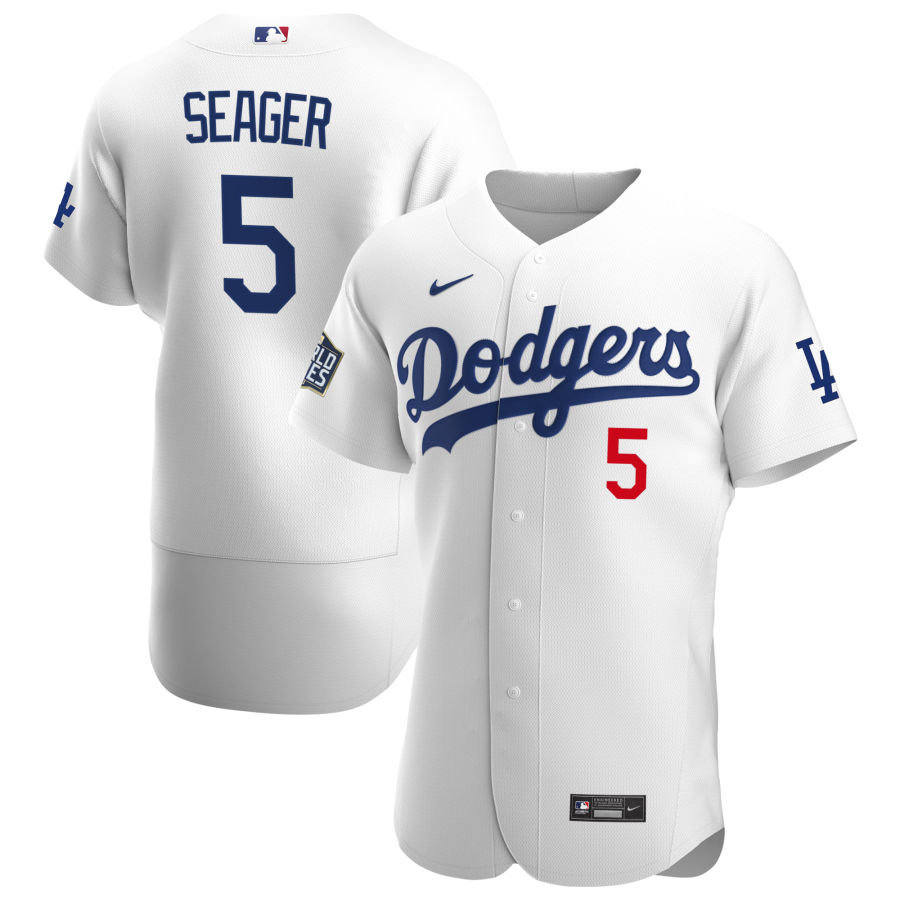 Los Angeles Dodgers #5 Corey Seager Men Nike White Home 2020 World Series Champions Authentic Player MLB Jersey